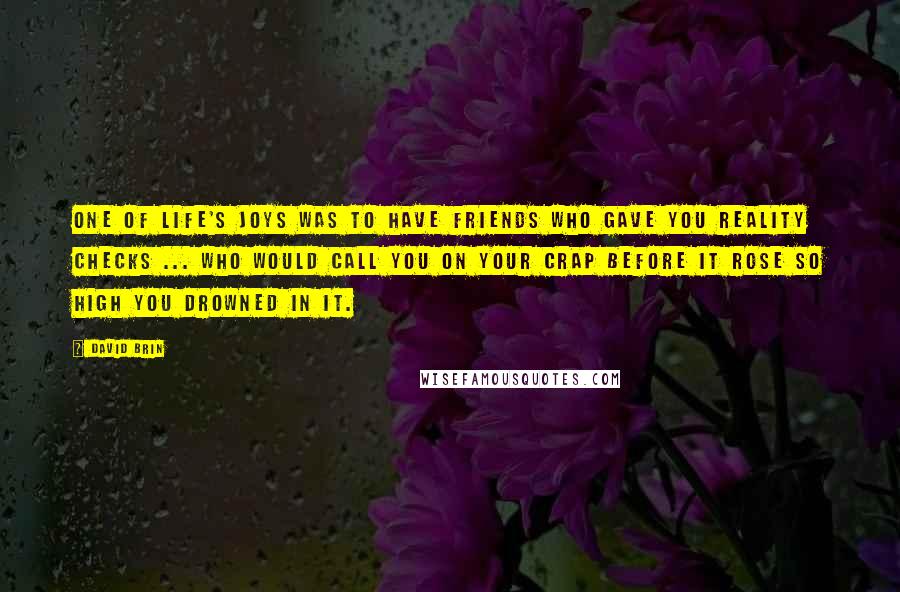 David Brin Quotes: One of life's joys was to have friends who gave you reality checks ... who would call you on your crap before it rose so high you drowned in it.