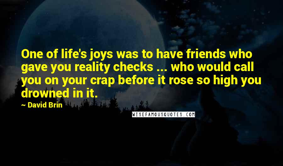 David Brin Quotes: One of life's joys was to have friends who gave you reality checks ... who would call you on your crap before it rose so high you drowned in it.