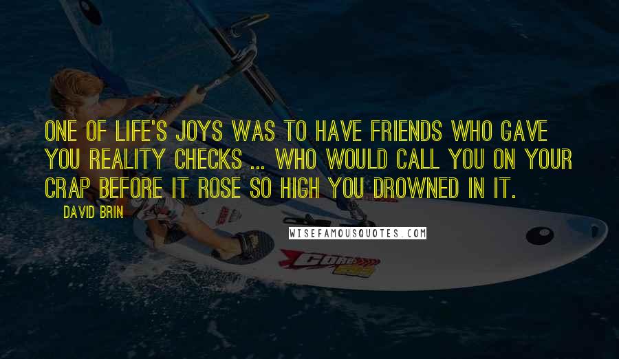 David Brin Quotes: One of life's joys was to have friends who gave you reality checks ... who would call you on your crap before it rose so high you drowned in it.