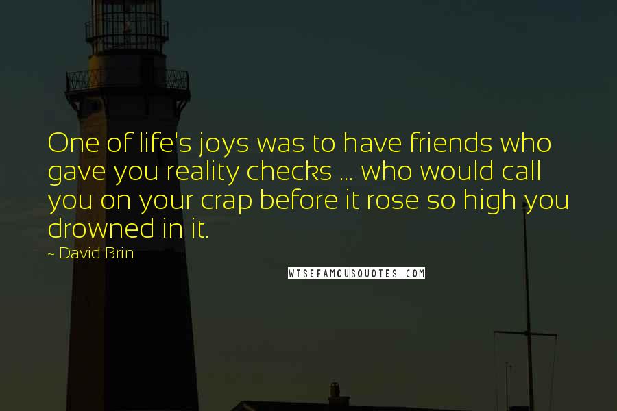 David Brin Quotes: One of life's joys was to have friends who gave you reality checks ... who would call you on your crap before it rose so high you drowned in it.