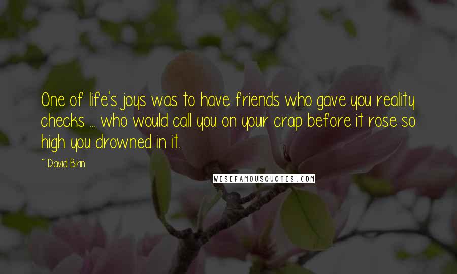 David Brin Quotes: One of life's joys was to have friends who gave you reality checks ... who would call you on your crap before it rose so high you drowned in it.