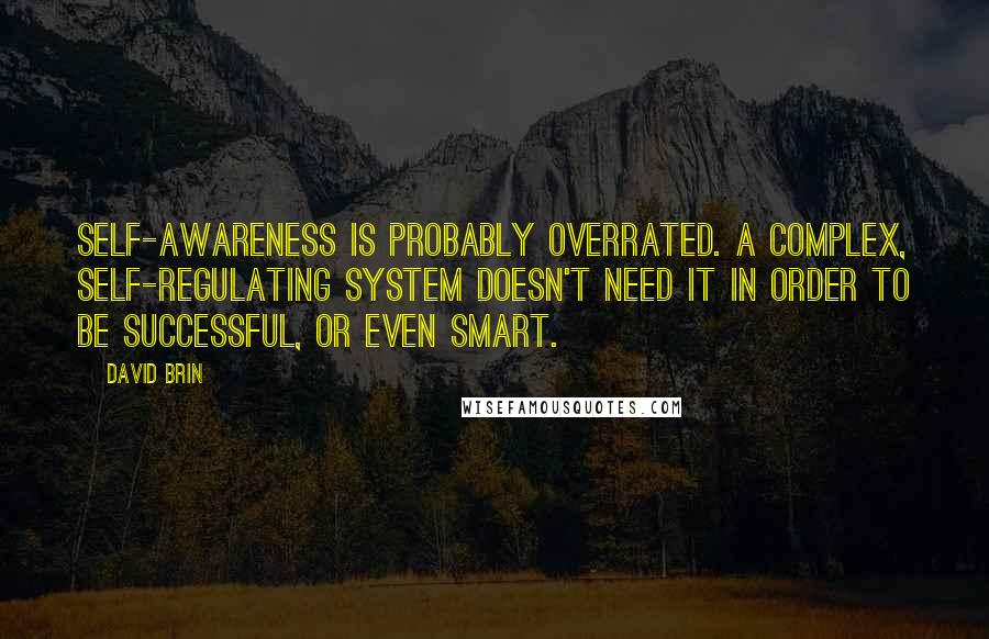 David Brin Quotes: Self-awareness is probably overrated. A complex, self-regulating system doesn't need it in order to be successful, or even smart.