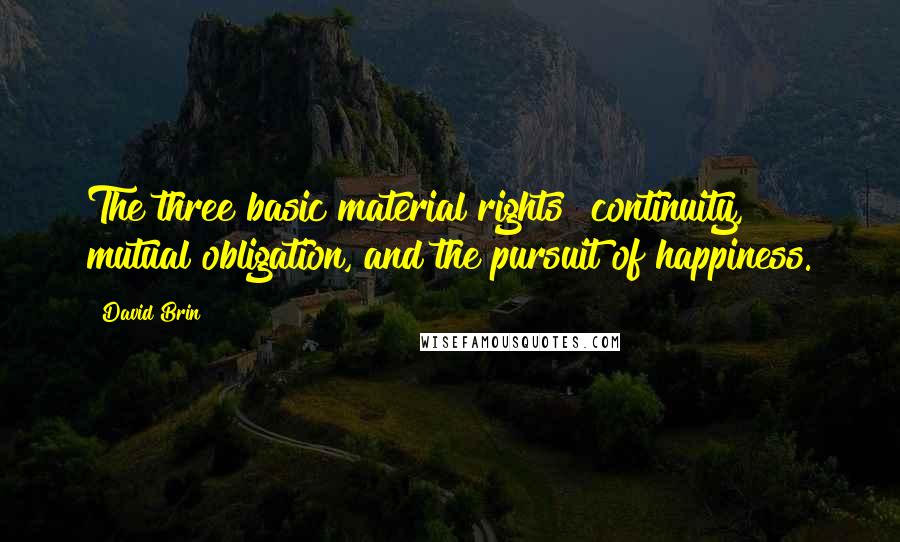 David Brin Quotes: The three basic material rights  continuity, mutual obligation, and the pursuit of happiness.