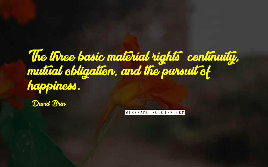 David Brin Quotes: The three basic material rights  continuity, mutual obligation, and the pursuit of happiness.