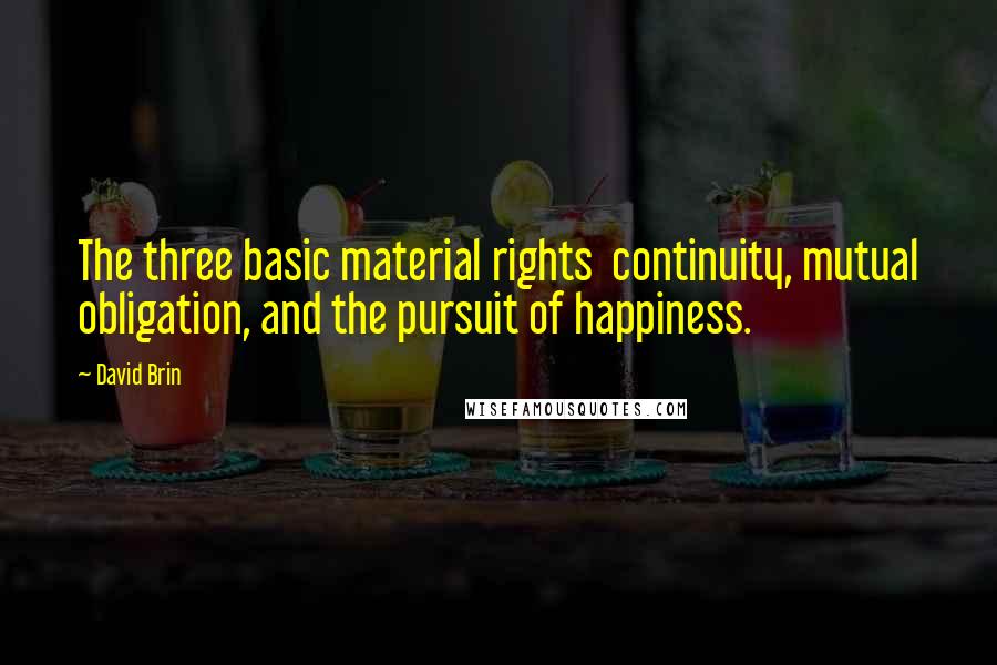 David Brin Quotes: The three basic material rights  continuity, mutual obligation, and the pursuit of happiness.