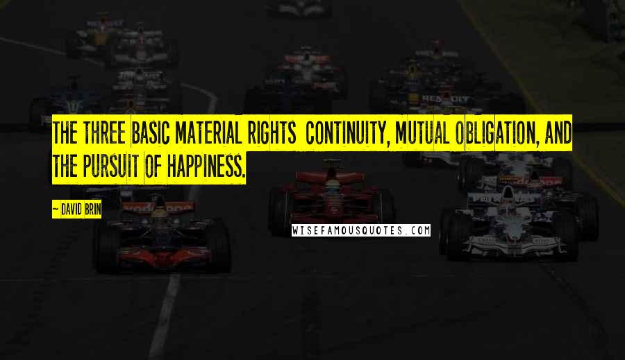 David Brin Quotes: The three basic material rights  continuity, mutual obligation, and the pursuit of happiness.