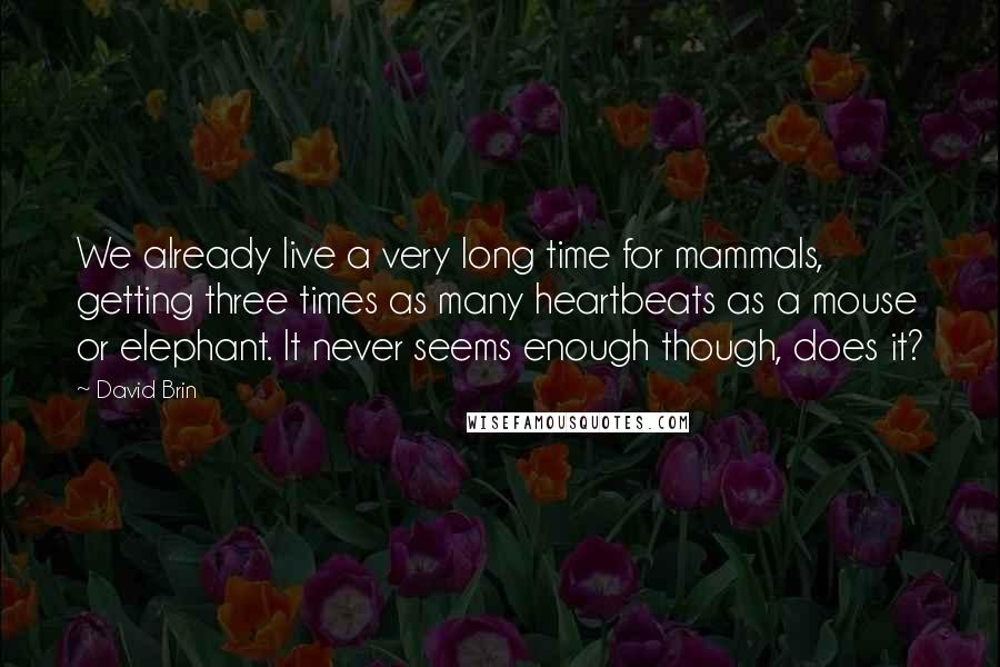 David Brin Quotes: We already live a very long time for mammals, getting three times as many heartbeats as a mouse or elephant. It never seems enough though, does it?