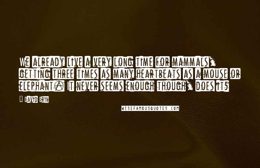 David Brin Quotes: We already live a very long time for mammals, getting three times as many heartbeats as a mouse or elephant. It never seems enough though, does it?