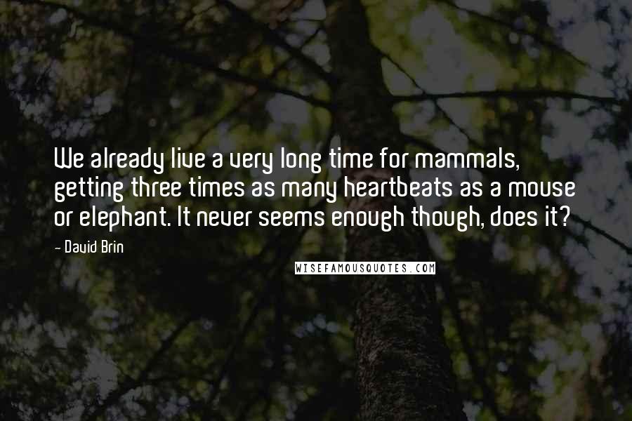 David Brin Quotes: We already live a very long time for mammals, getting three times as many heartbeats as a mouse or elephant. It never seems enough though, does it?