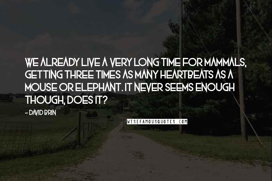 David Brin Quotes: We already live a very long time for mammals, getting three times as many heartbeats as a mouse or elephant. It never seems enough though, does it?
