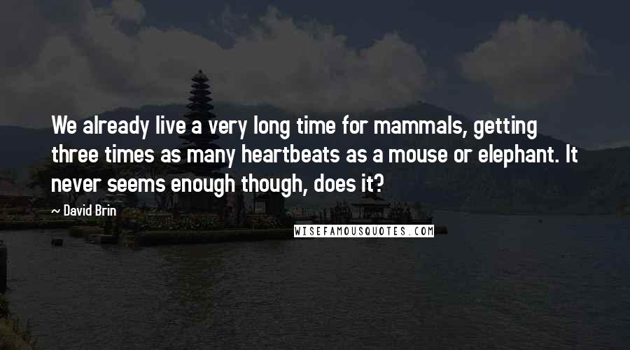 David Brin Quotes: We already live a very long time for mammals, getting three times as many heartbeats as a mouse or elephant. It never seems enough though, does it?