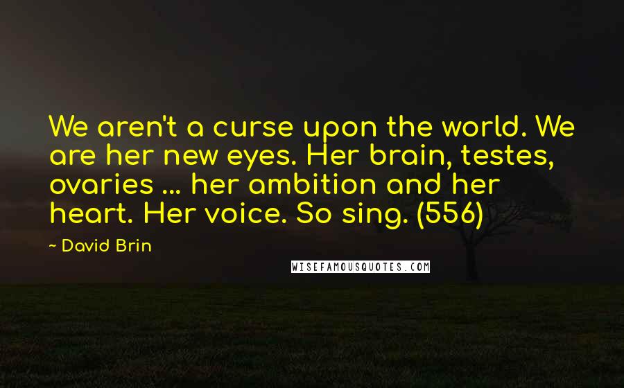 David Brin Quotes: We aren't a curse upon the world. We are her new eyes. Her brain, testes, ovaries ... her ambition and her heart. Her voice. So sing. (556)