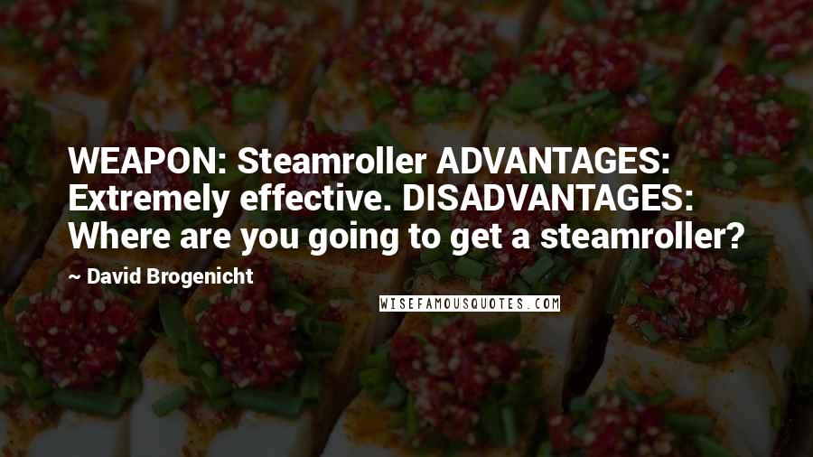 David Brogenicht Quotes: WEAPON: Steamroller ADVANTAGES: Extremely effective. DISADVANTAGES: Where are you going to get a steamroller?