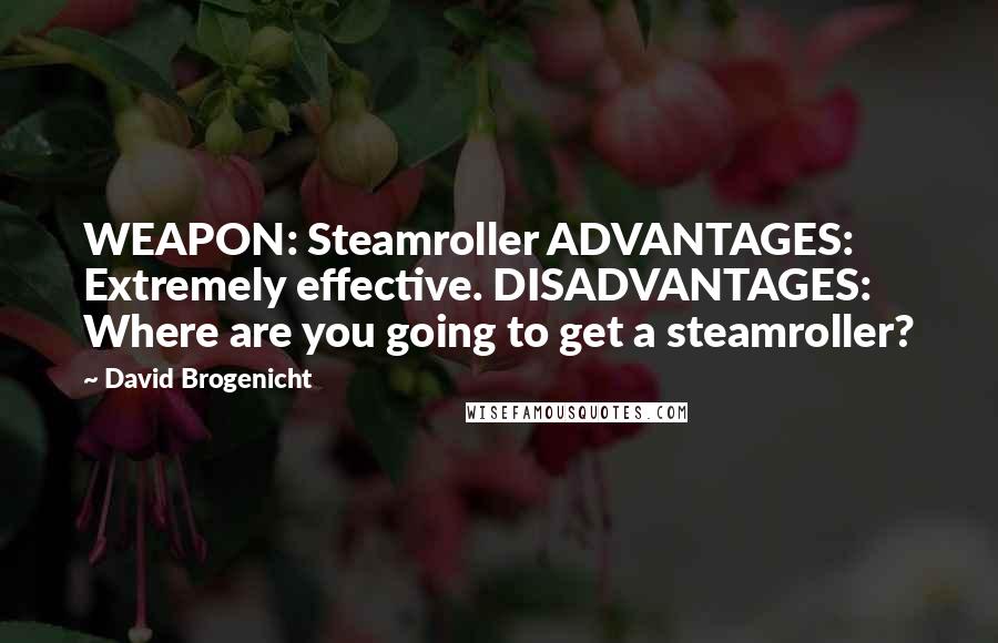 David Brogenicht Quotes: WEAPON: Steamroller ADVANTAGES: Extremely effective. DISADVANTAGES: Where are you going to get a steamroller?