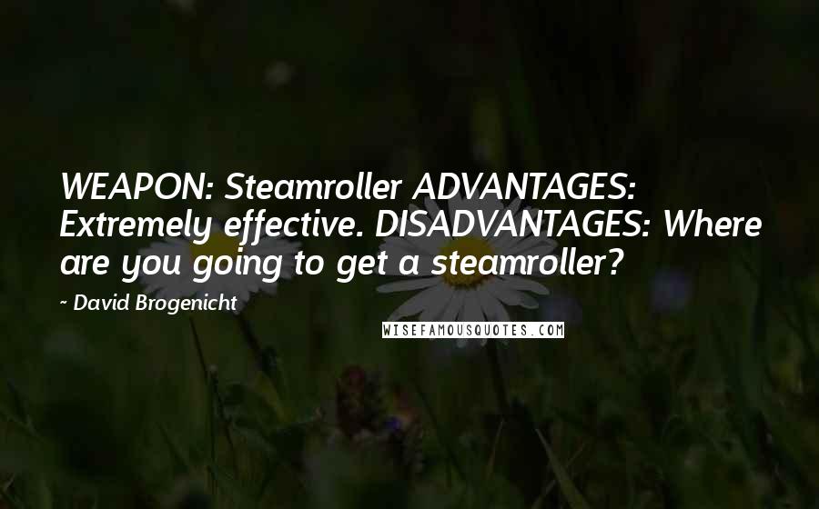 David Brogenicht Quotes: WEAPON: Steamroller ADVANTAGES: Extremely effective. DISADVANTAGES: Where are you going to get a steamroller?