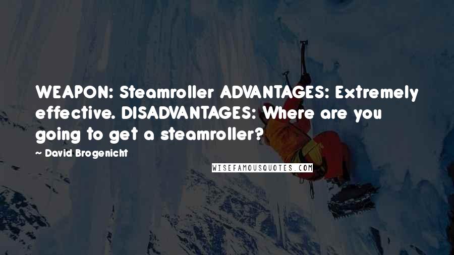 David Brogenicht Quotes: WEAPON: Steamroller ADVANTAGES: Extremely effective. DISADVANTAGES: Where are you going to get a steamroller?