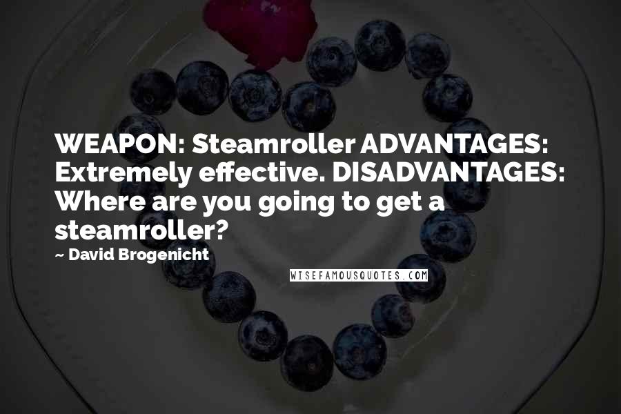 David Brogenicht Quotes: WEAPON: Steamroller ADVANTAGES: Extremely effective. DISADVANTAGES: Where are you going to get a steamroller?