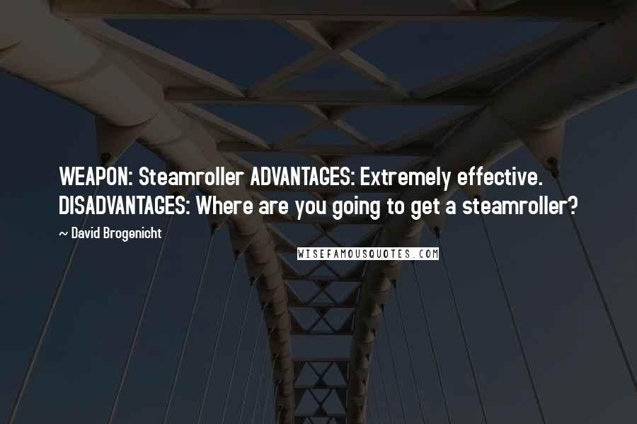 David Brogenicht Quotes: WEAPON: Steamroller ADVANTAGES: Extremely effective. DISADVANTAGES: Where are you going to get a steamroller?