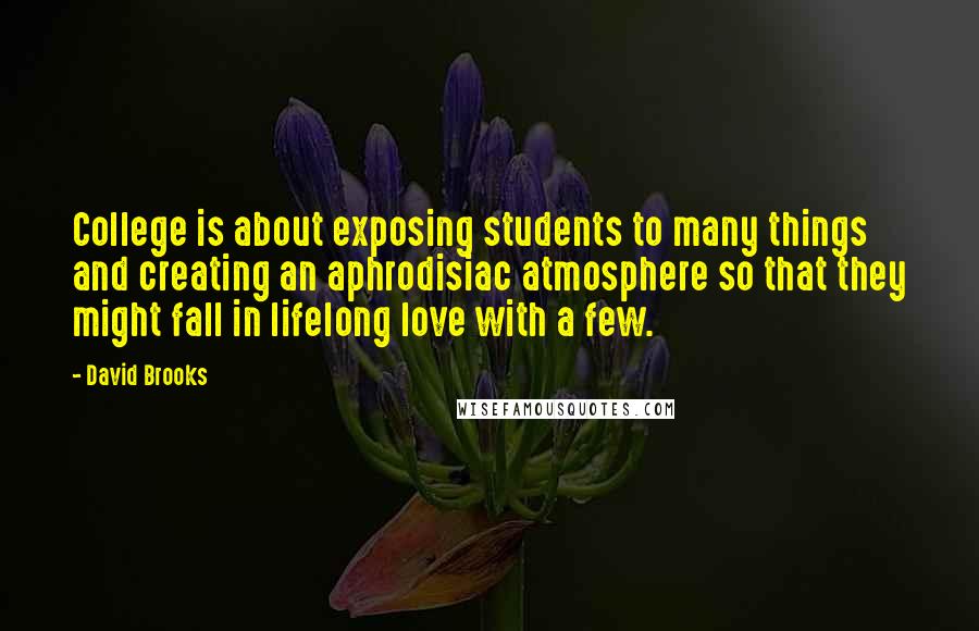 David Brooks Quotes: College is about exposing students to many things and creating an aphrodisiac atmosphere so that they might fall in lifelong love with a few.