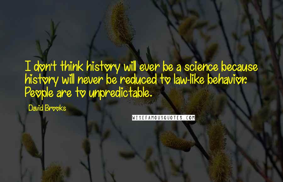 David Brooks Quotes: I don't think history will ever be a science because history will never be reduced to law-like behavior. People are to unpredictable.