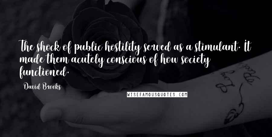 David Brooks Quotes: The shock of public hostility served as a stimulant. It made them acutely conscious of how society functioned.