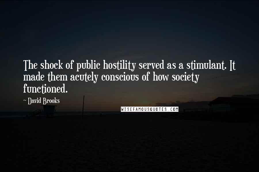 David Brooks Quotes: The shock of public hostility served as a stimulant. It made them acutely conscious of how society functioned.