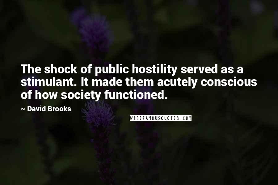 David Brooks Quotes: The shock of public hostility served as a stimulant. It made them acutely conscious of how society functioned.