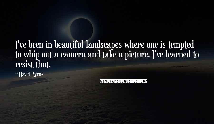 David Byrne Quotes: I've been in beautiful landscapes where one is tempted to whip out a camera and take a picture. I've learned to resist that.