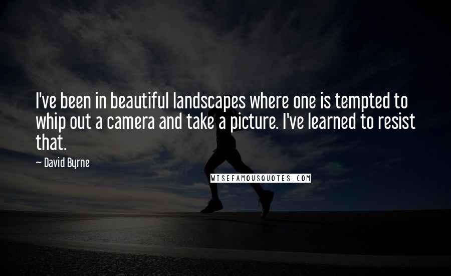 David Byrne Quotes: I've been in beautiful landscapes where one is tempted to whip out a camera and take a picture. I've learned to resist that.