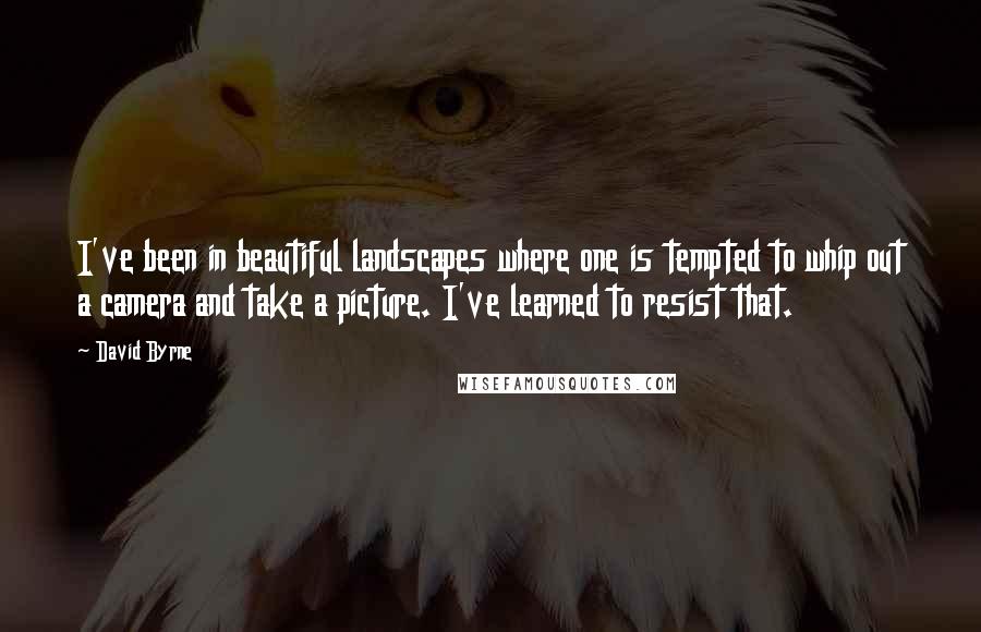 David Byrne Quotes: I've been in beautiful landscapes where one is tempted to whip out a camera and take a picture. I've learned to resist that.