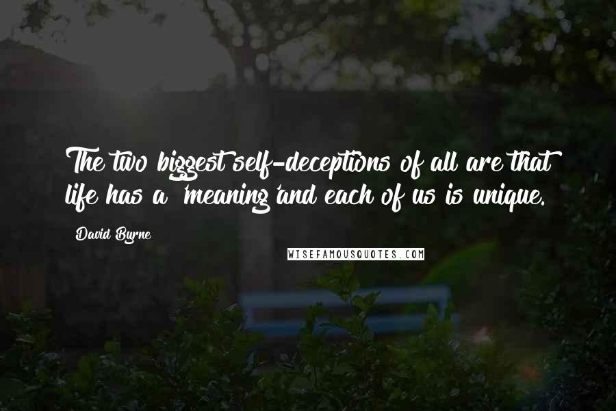 David Byrne Quotes: The two biggest self-deceptions of all are that life has a 'meaning'and each of us is unique.