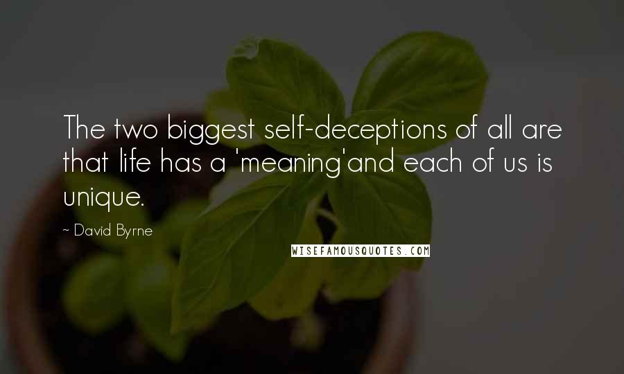 David Byrne Quotes: The two biggest self-deceptions of all are that life has a 'meaning'and each of us is unique.