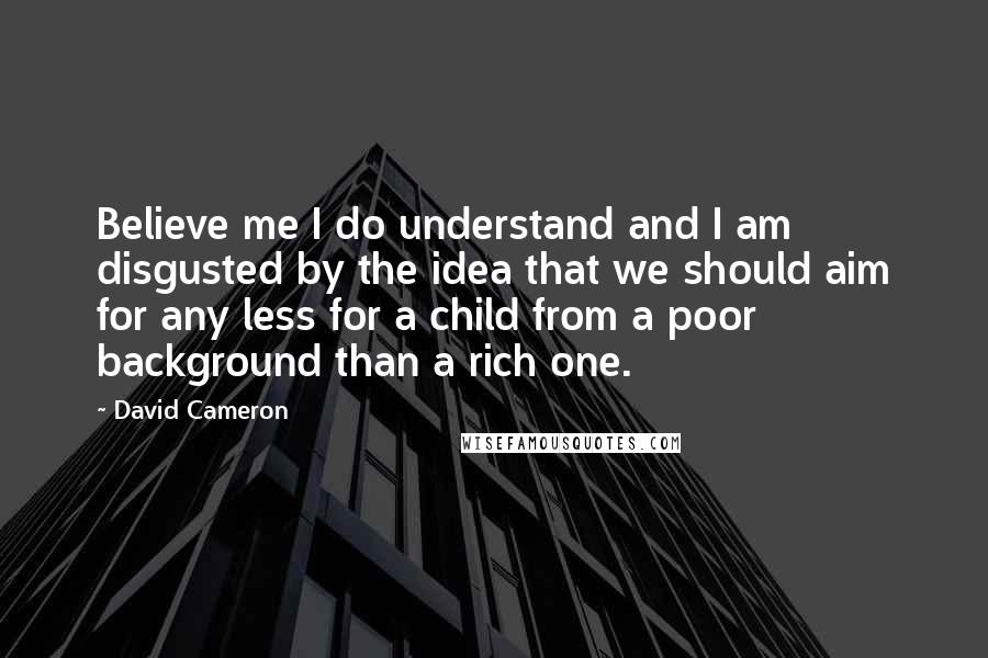 David Cameron Quotes: Believe me I do understand and I am disgusted by the idea that we should aim for any less for a child from a poor background than a rich one.