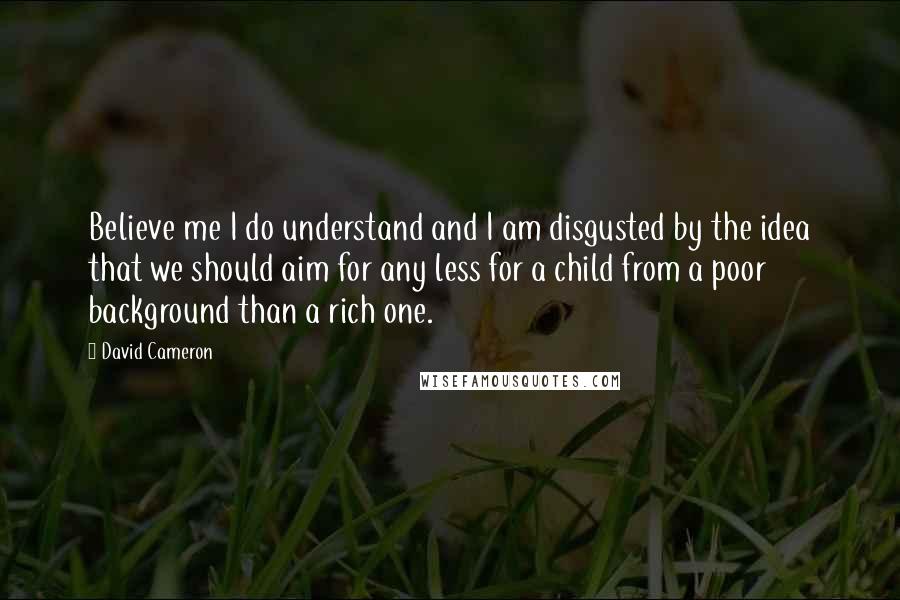 David Cameron Quotes: Believe me I do understand and I am disgusted by the idea that we should aim for any less for a child from a poor background than a rich one.