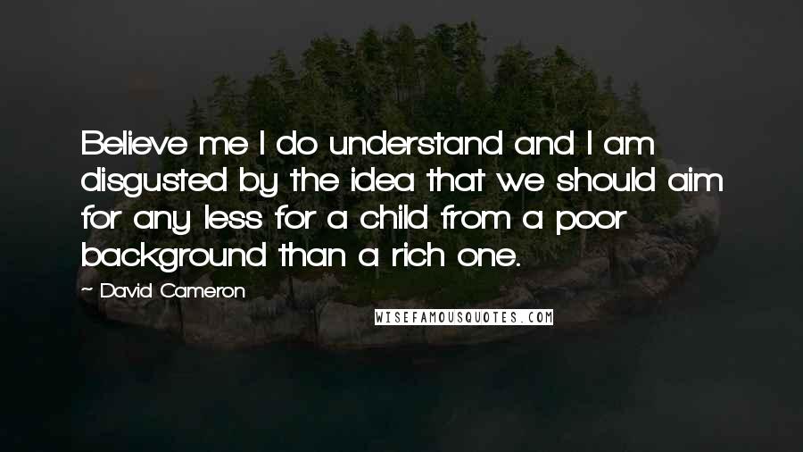 David Cameron Quotes: Believe me I do understand and I am disgusted by the idea that we should aim for any less for a child from a poor background than a rich one.