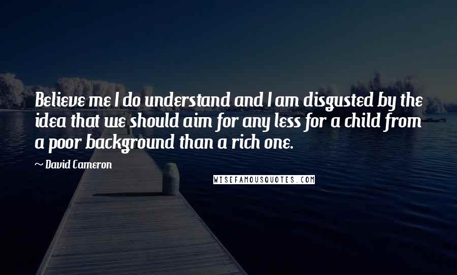 David Cameron Quotes: Believe me I do understand and I am disgusted by the idea that we should aim for any less for a child from a poor background than a rich one.