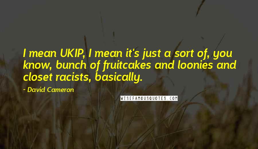 David Cameron Quotes: I mean UKIP, I mean it's just a sort of, you know, bunch of fruitcakes and loonies and closet racists, basically.