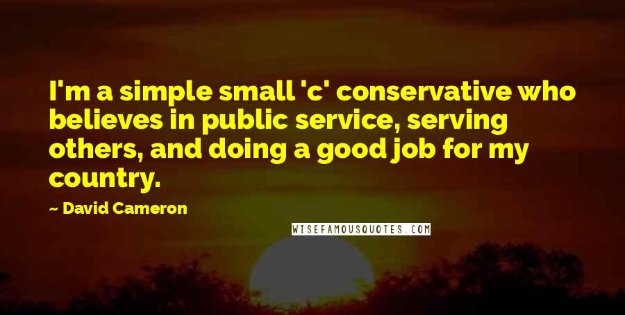 David Cameron Quotes: I'm a simple small 'c' conservative who believes in public service, serving others, and doing a good job for my country.