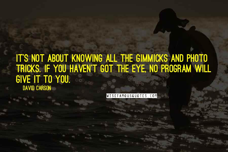 David Carson Quotes: It's not about knowing all the gimmicks and photo tricks. If you haven't got the eye, no program will give it to you.