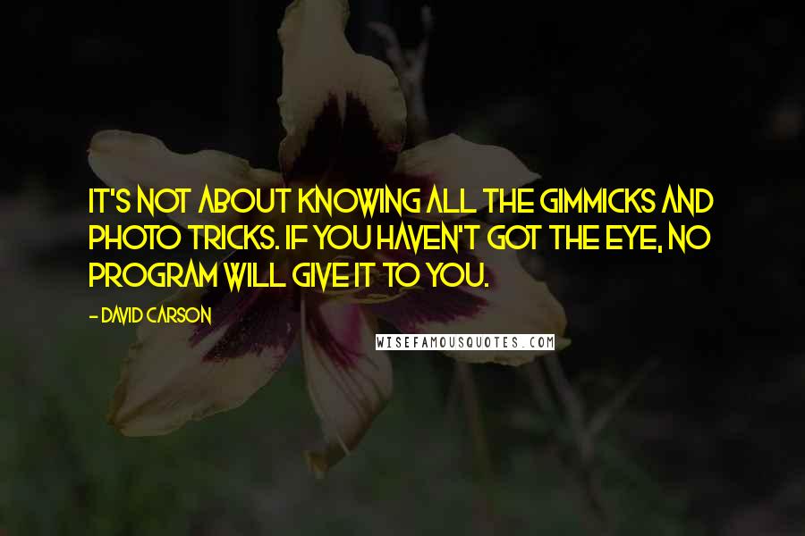 David Carson Quotes: It's not about knowing all the gimmicks and photo tricks. If you haven't got the eye, no program will give it to you.