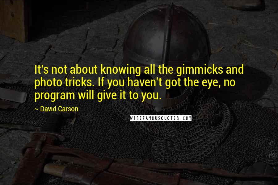 David Carson Quotes: It's not about knowing all the gimmicks and photo tricks. If you haven't got the eye, no program will give it to you.