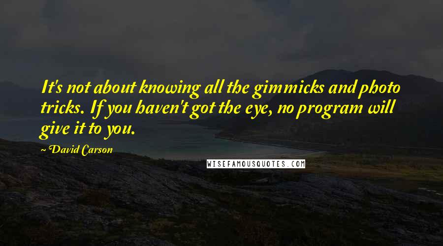 David Carson Quotes: It's not about knowing all the gimmicks and photo tricks. If you haven't got the eye, no program will give it to you.