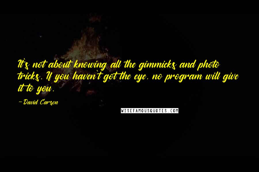 David Carson Quotes: It's not about knowing all the gimmicks and photo tricks. If you haven't got the eye, no program will give it to you.