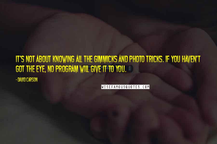 David Carson Quotes: It's not about knowing all the gimmicks and photo tricks. If you haven't got the eye, no program will give it to you.