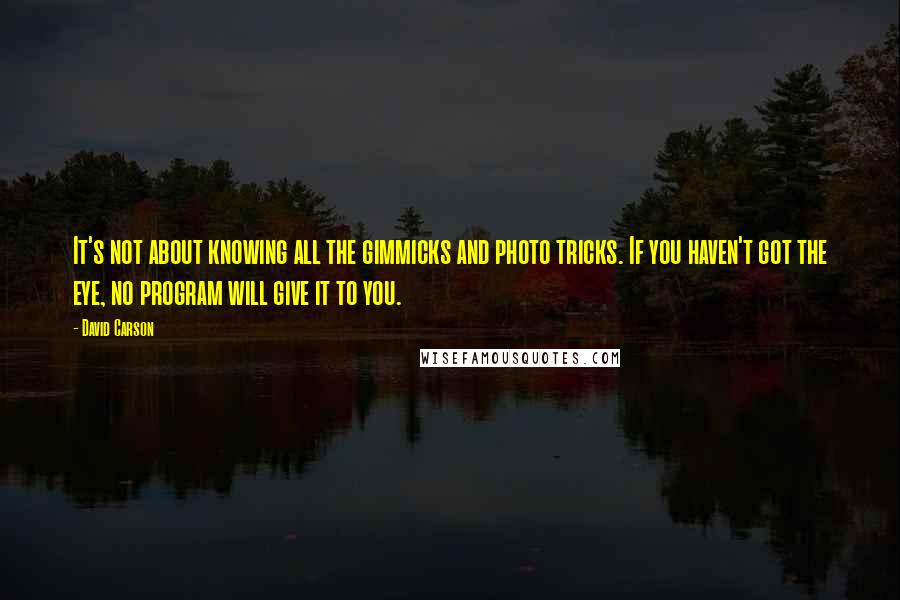 David Carson Quotes: It's not about knowing all the gimmicks and photo tricks. If you haven't got the eye, no program will give it to you.