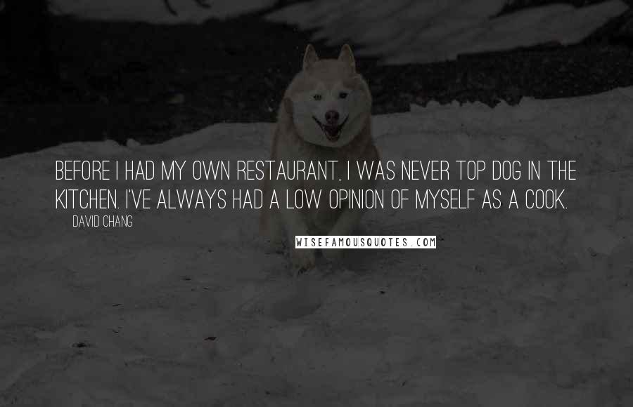 David Chang Quotes: Before I had my own restaurant, I was never top dog in the kitchen. I've always had a low opinion of myself as a cook.