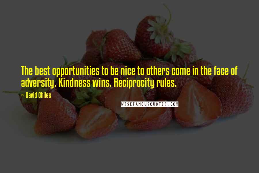 David Chiles Quotes: The best opportunities to be nice to others come in the face of adversity. Kindness wins. Reciprocity rules.