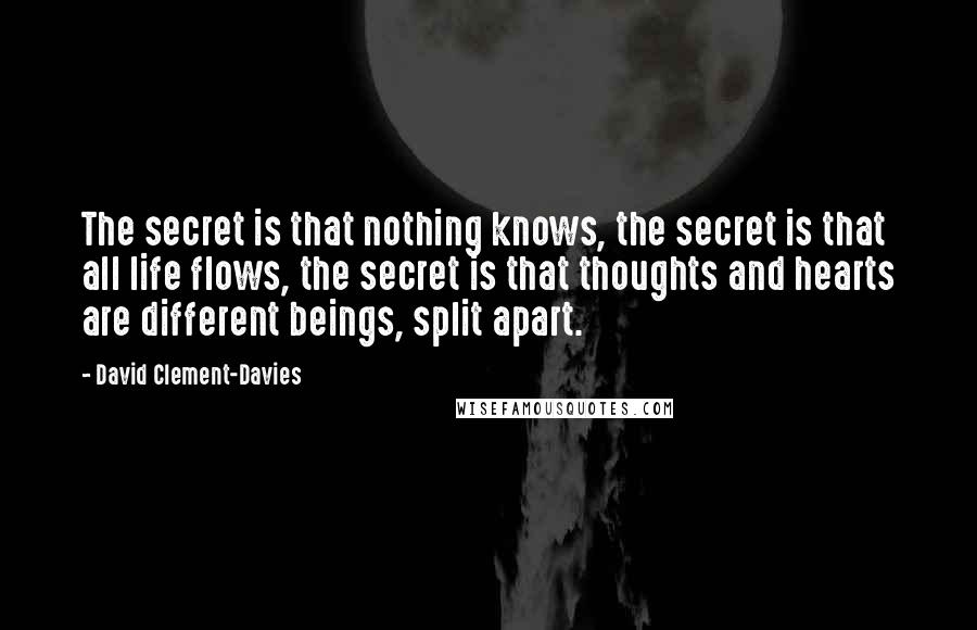David Clement-Davies Quotes: The secret is that nothing knows, the secret is that all life flows, the secret is that thoughts and hearts are different beings, split apart.