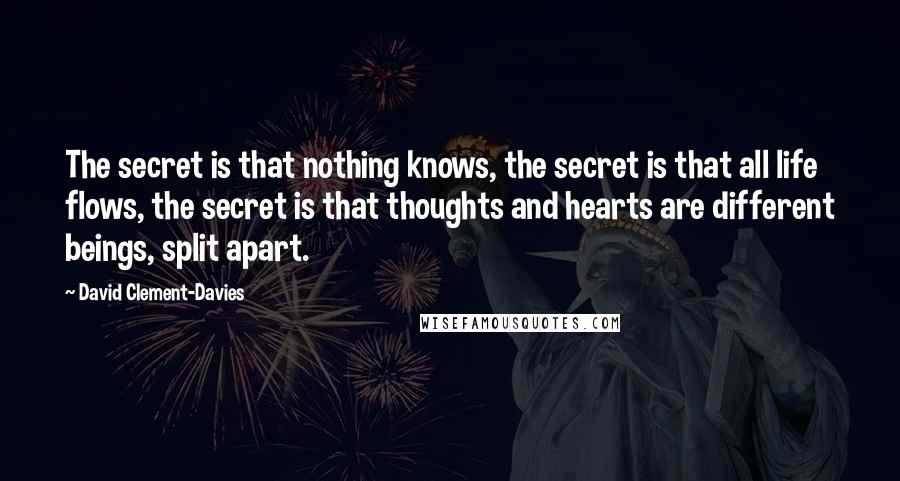 David Clement-Davies Quotes: The secret is that nothing knows, the secret is that all life flows, the secret is that thoughts and hearts are different beings, split apart.