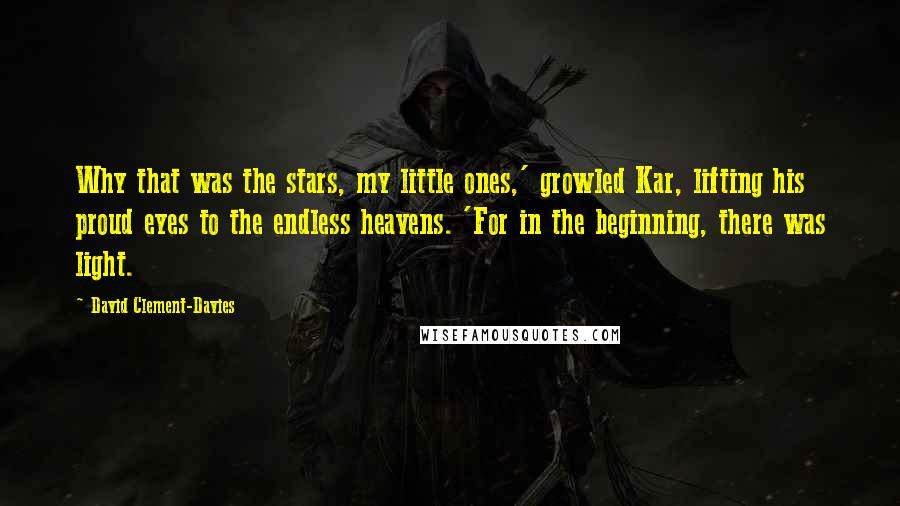 David Clement-Davies Quotes: Why that was the stars, my little ones,' growled Kar, lifting his proud eyes to the endless heavens. 'For in the beginning, there was light.